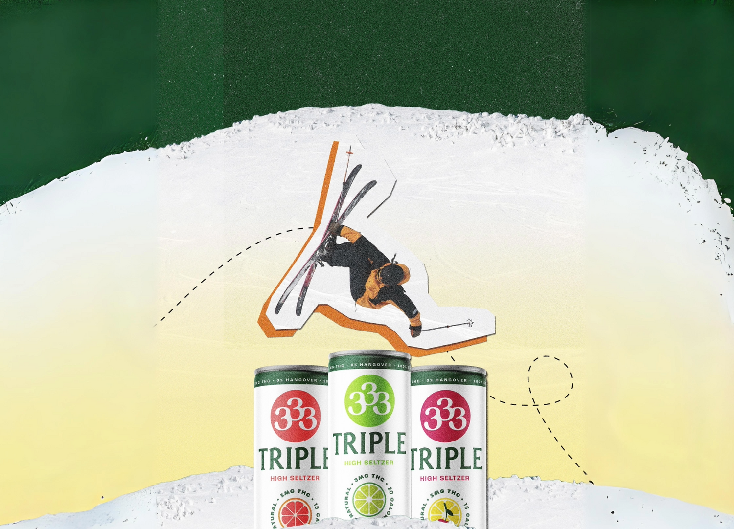 Graphic of a paper cutout of a skier jumping over three Triple THC seltzers