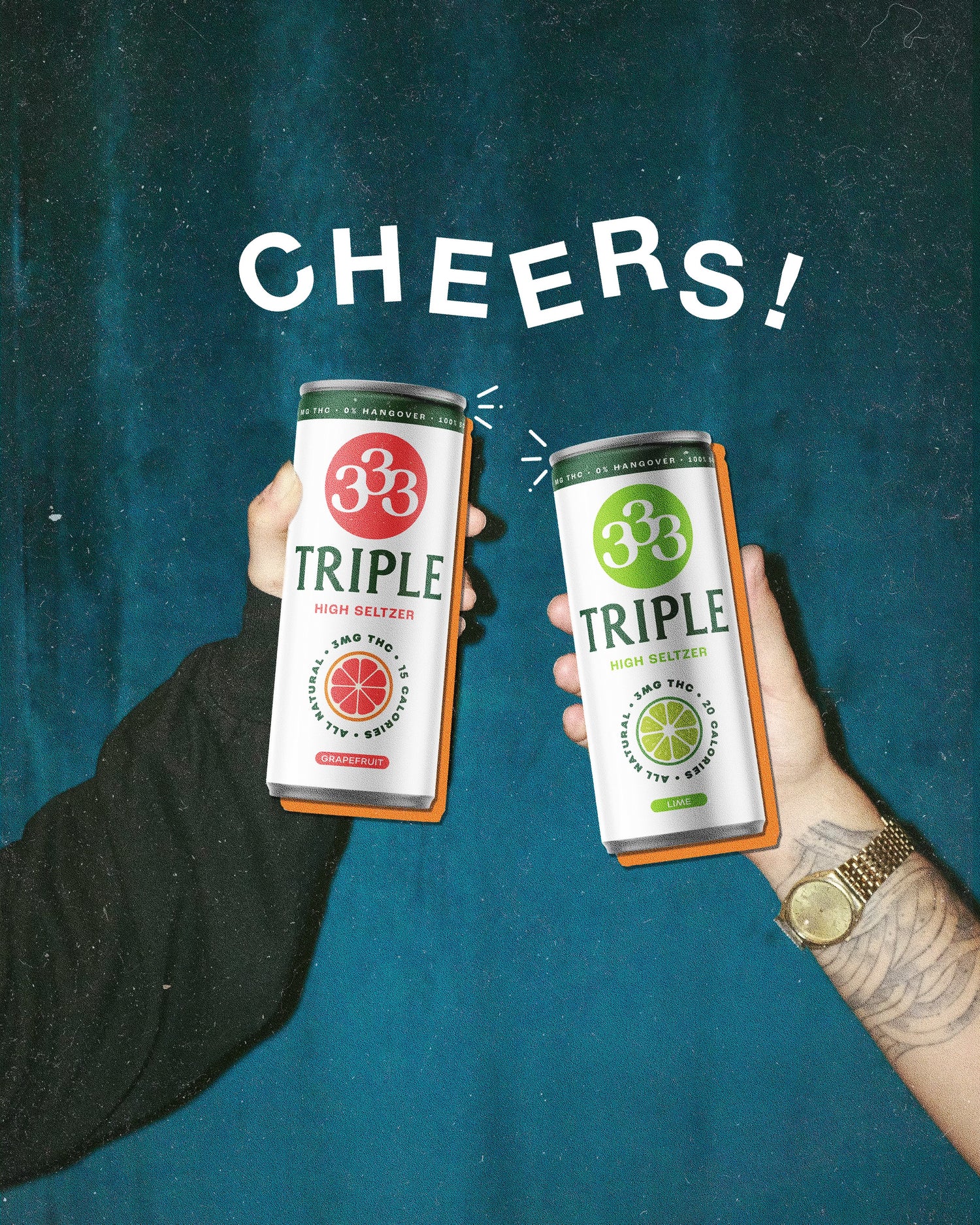 Two people holding up Triple THC seltzers with the word Cheers above them